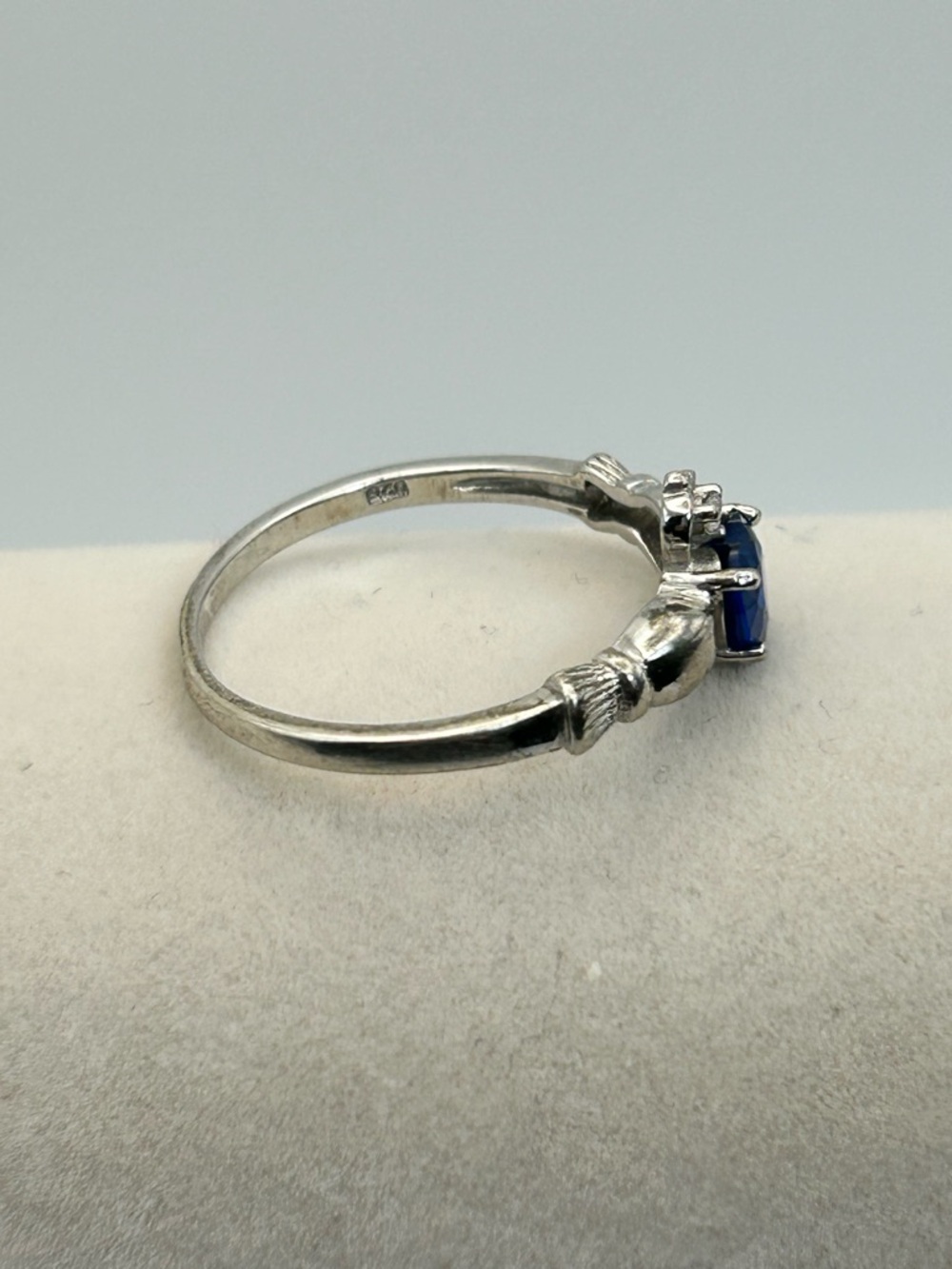 Sterling Silver Claddagh Ring Heart-Shaped Blue Stone Stamped 925 Size 10 - Picture 7 of 12